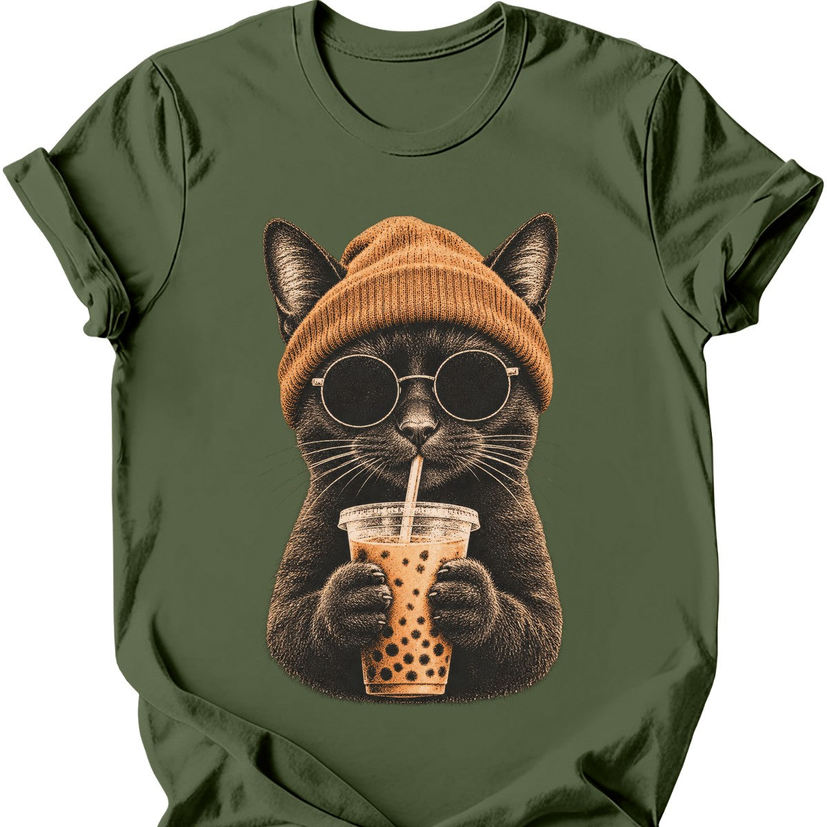 Hipster Cat — Black Cat T-Shirt — Military Green