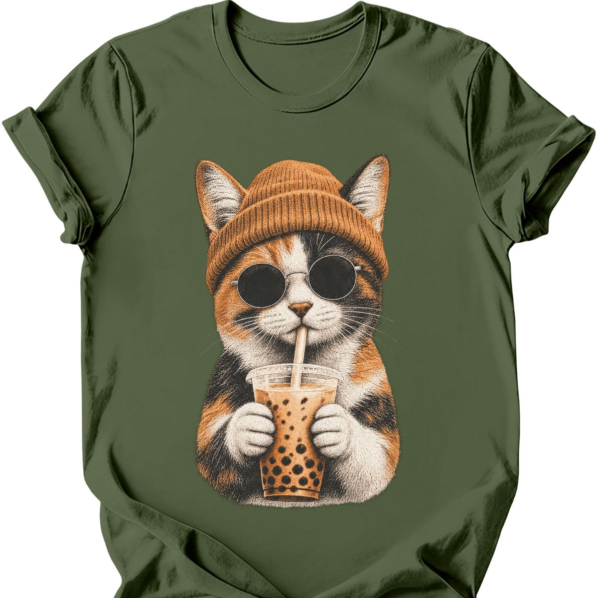 Hipster Cat — Calico Cat T-Shirt — Military Green