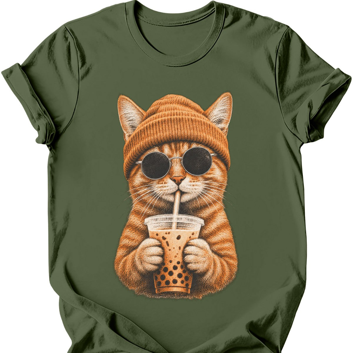 Hipster Cat — Ginger Tabby T-Shirt — Military Green