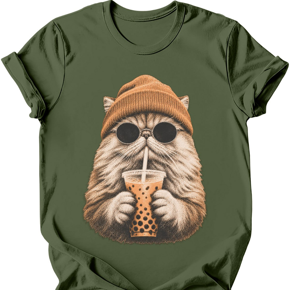 Hipster Cat — Persian Cat T-Shirt — Military Green