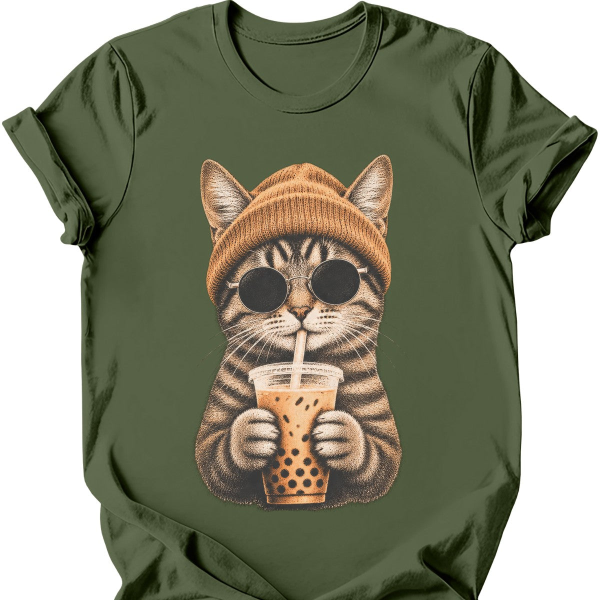 Hipster Cat — Tabby Cat T-Shirt — Military Green