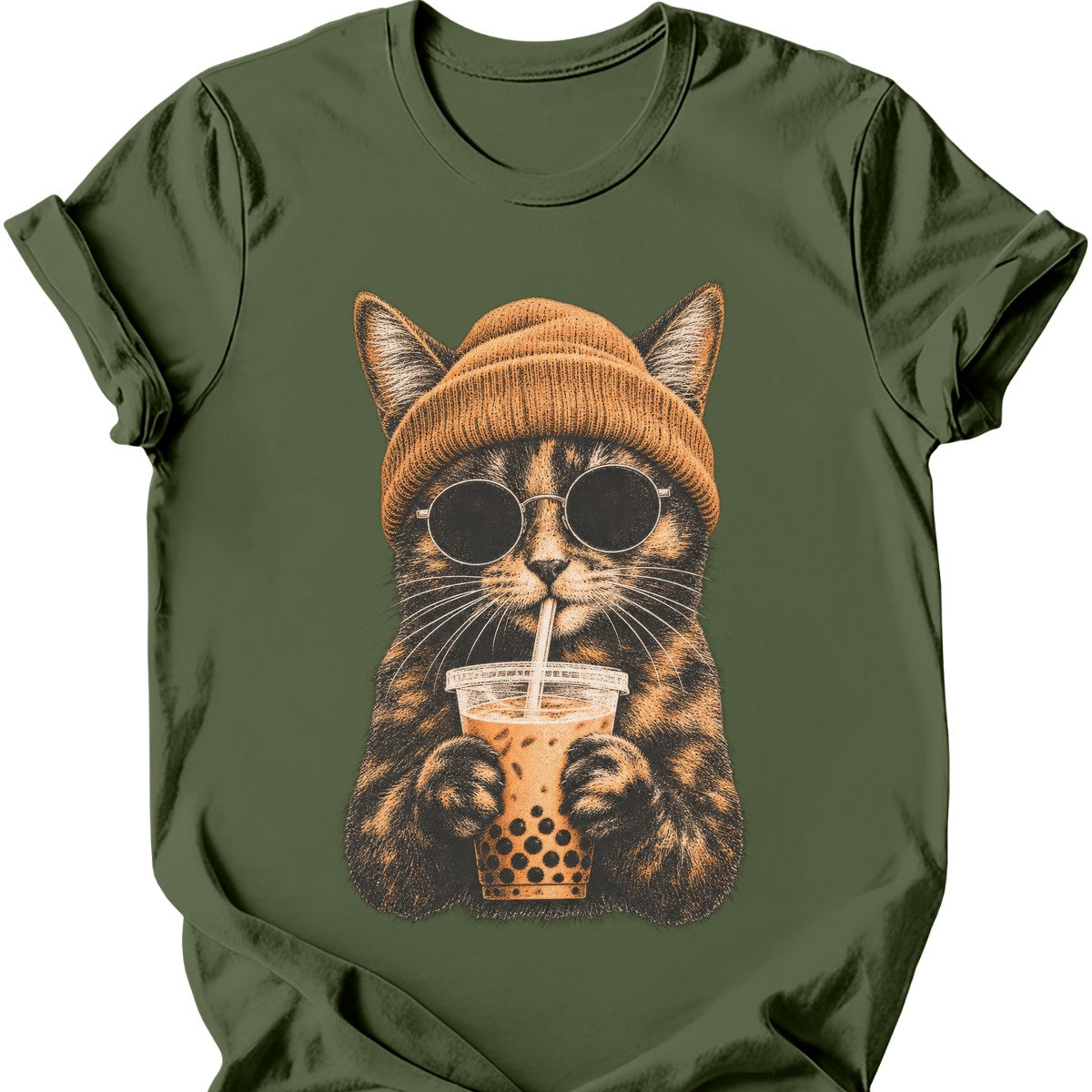 Hipster Cat — Tortoiseshell Cat T-Shirt — Military Green