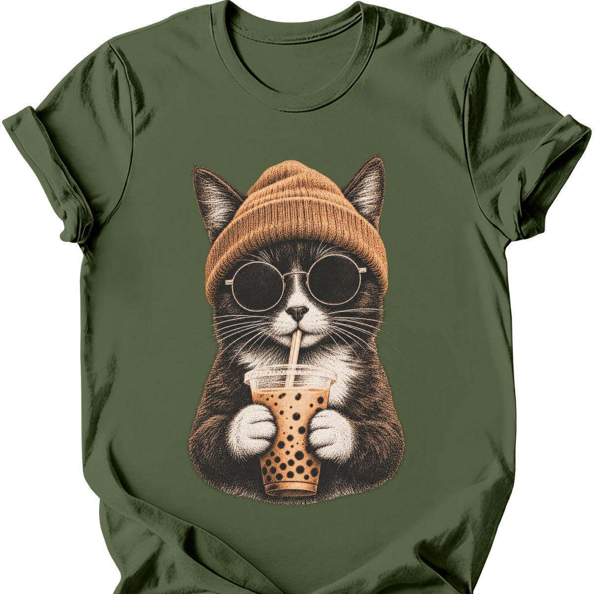 Hipster Cat — Tuxedo Cat T-Shirt — Military Green