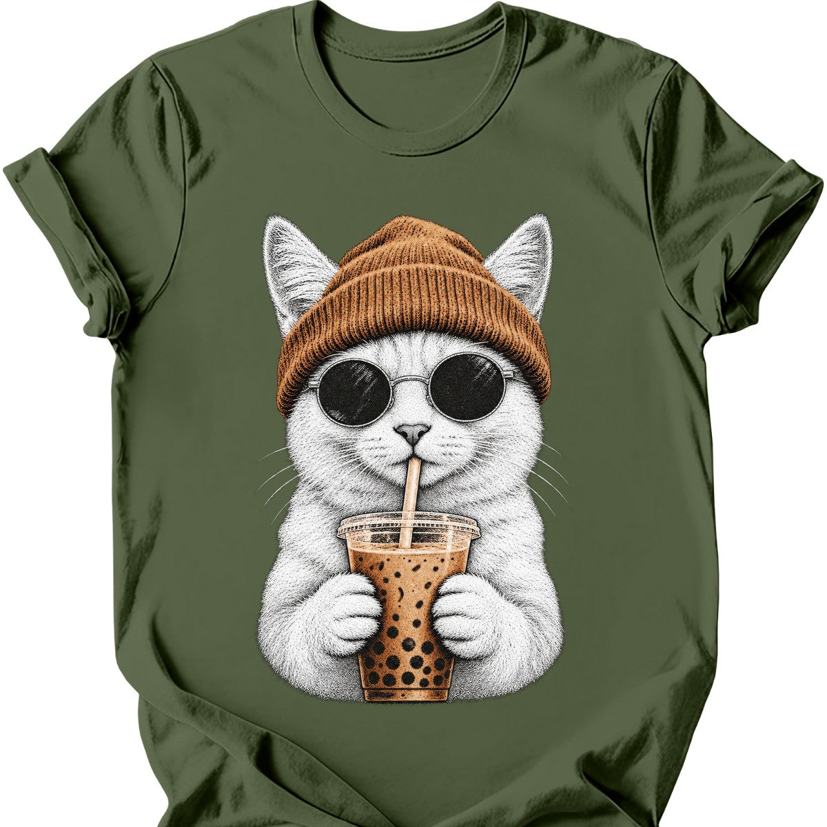 Hipster Cat — White Cat T-Shirt — Military Green