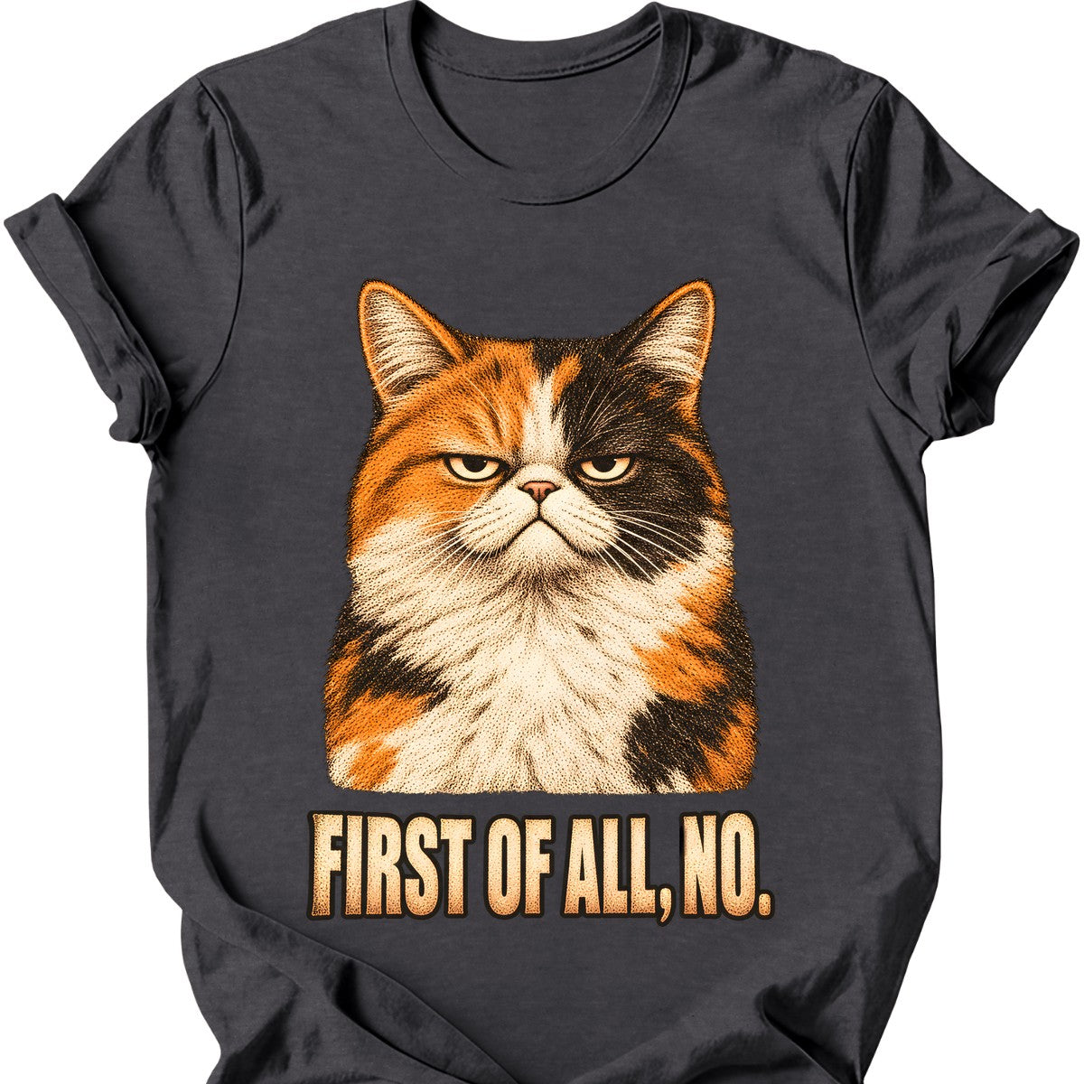 First Of All, No — Calico Cat T-Shirt — Dark Heather