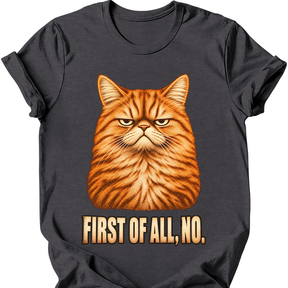 First Of All, No — Ginger Tabby T-Shirt — Dark Heather