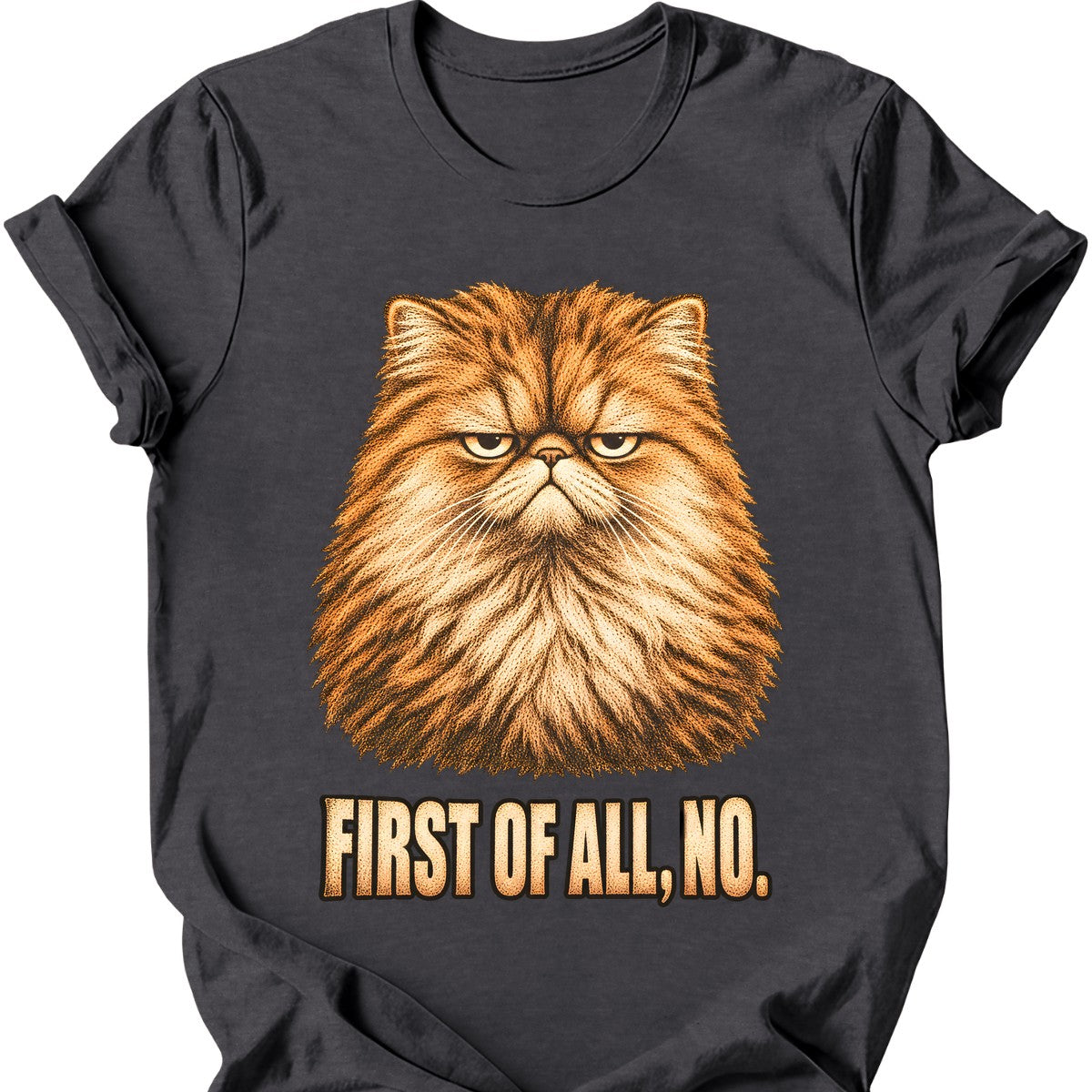 First Of All, No — Persian Cat T-Shirt — Dark Heather