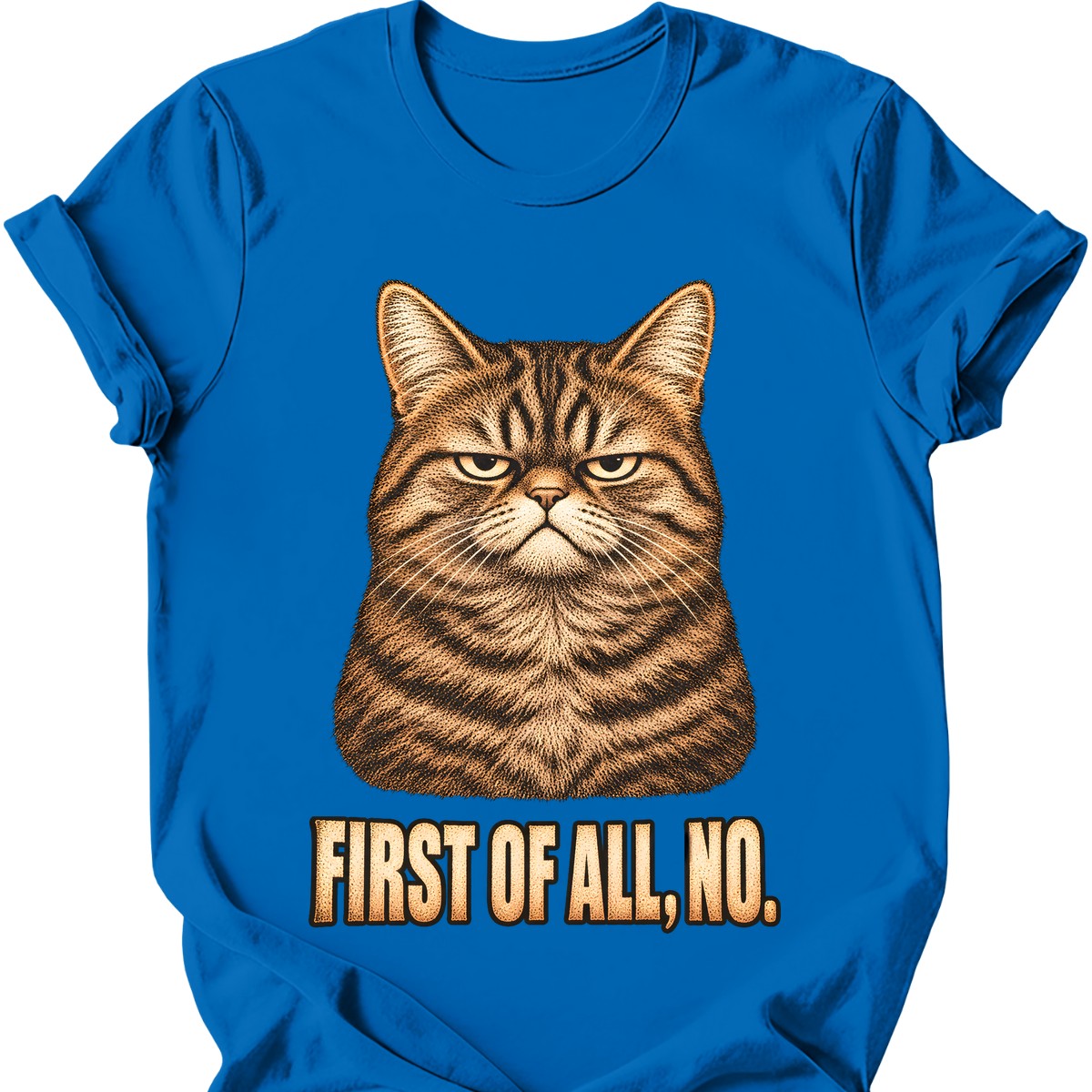 First Of All, No — Tabby Cat T-Shirt — Royal