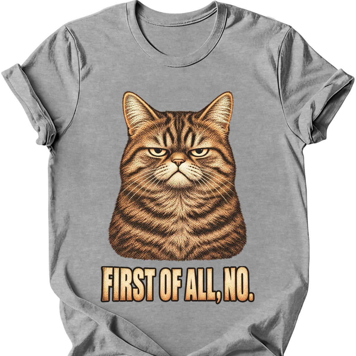 First Of All, No — Tabby Cat T-Shirt — Sport Grey