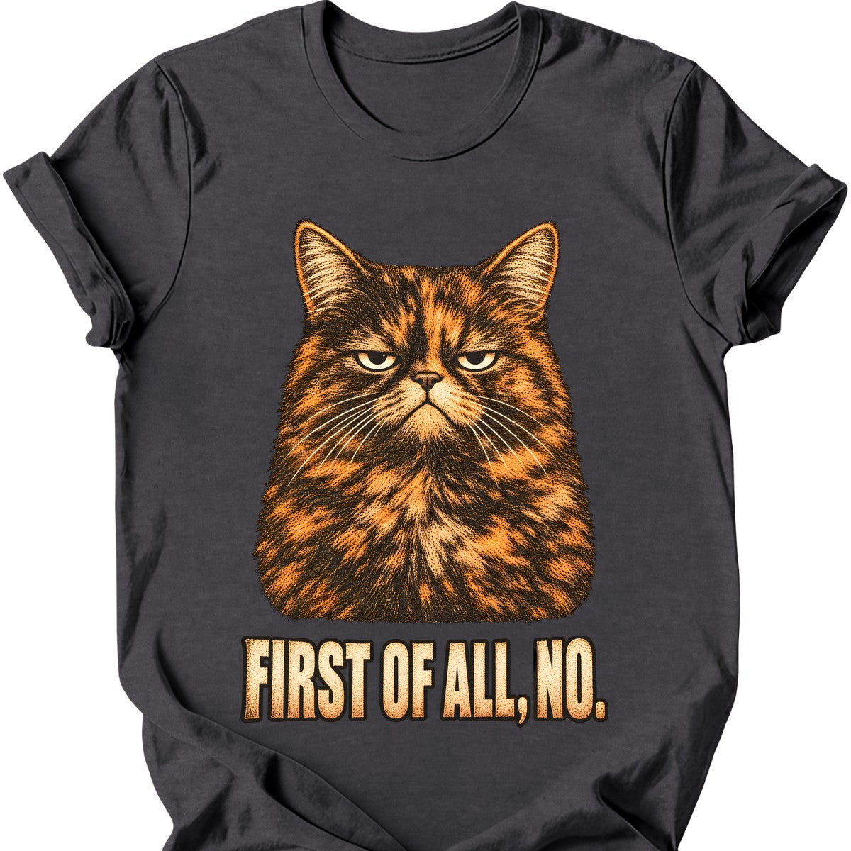 First Of All, No — Tortoiseshell Cat T-Shirt — Dark Heather