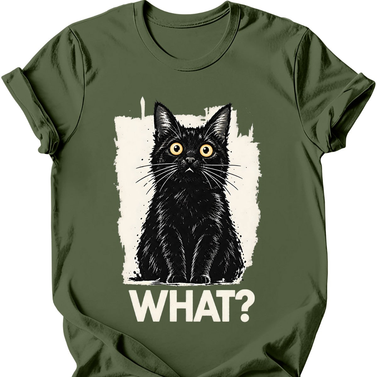 What? — Black Cat T-Shirt — Military Green