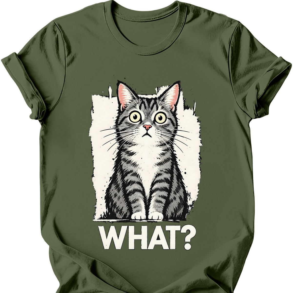 What? — Grey and White Tabby T-Shirt — Military Green