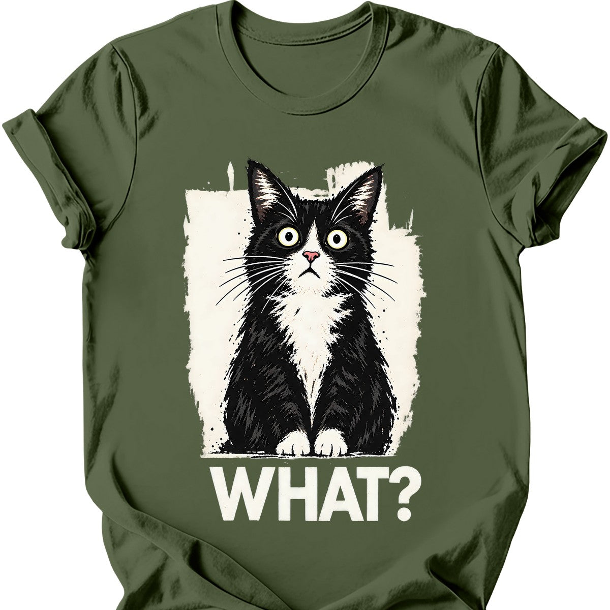 What? — Tuxedo Cat T-Shirt — Military Green