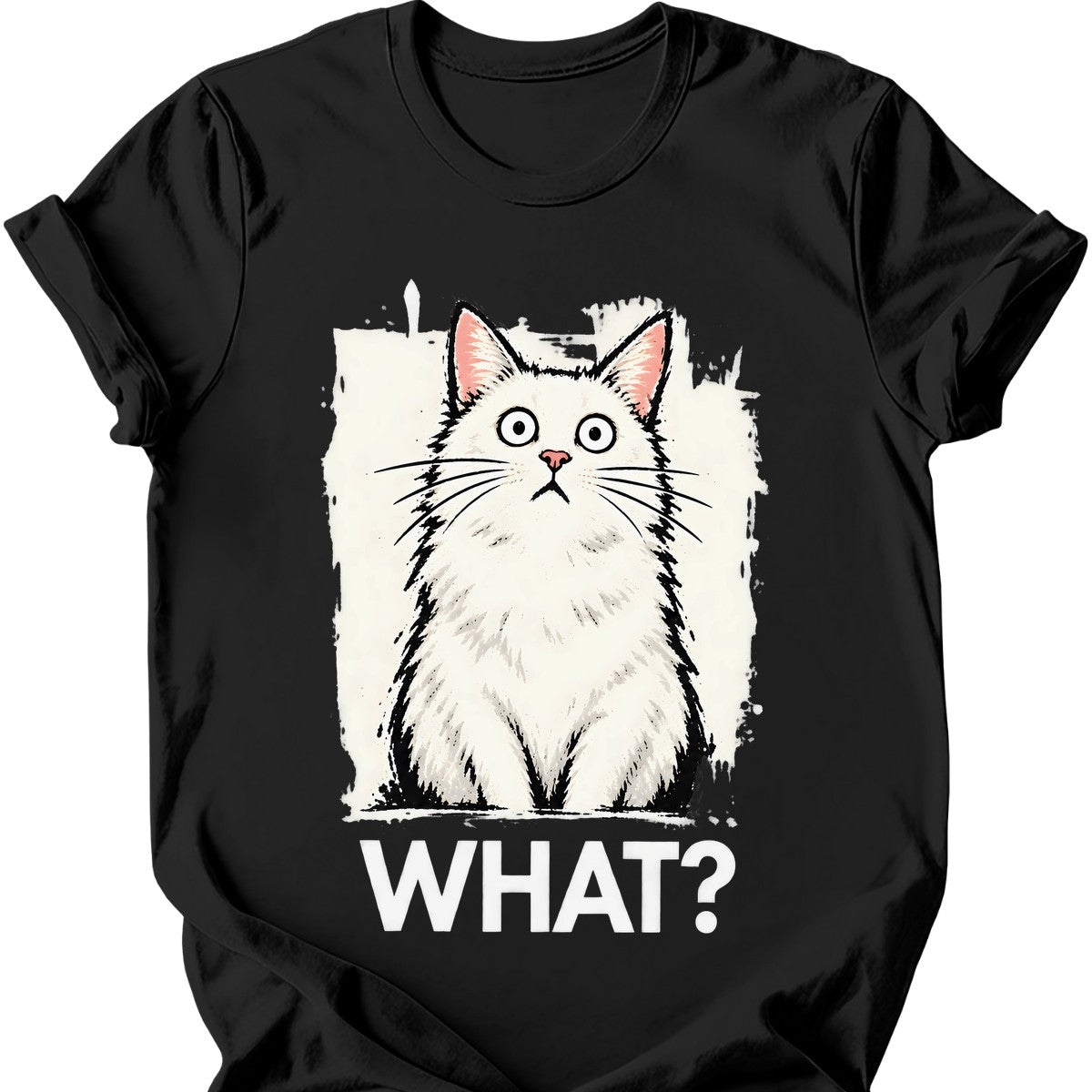 What? — White Cat T-Shirt — Black