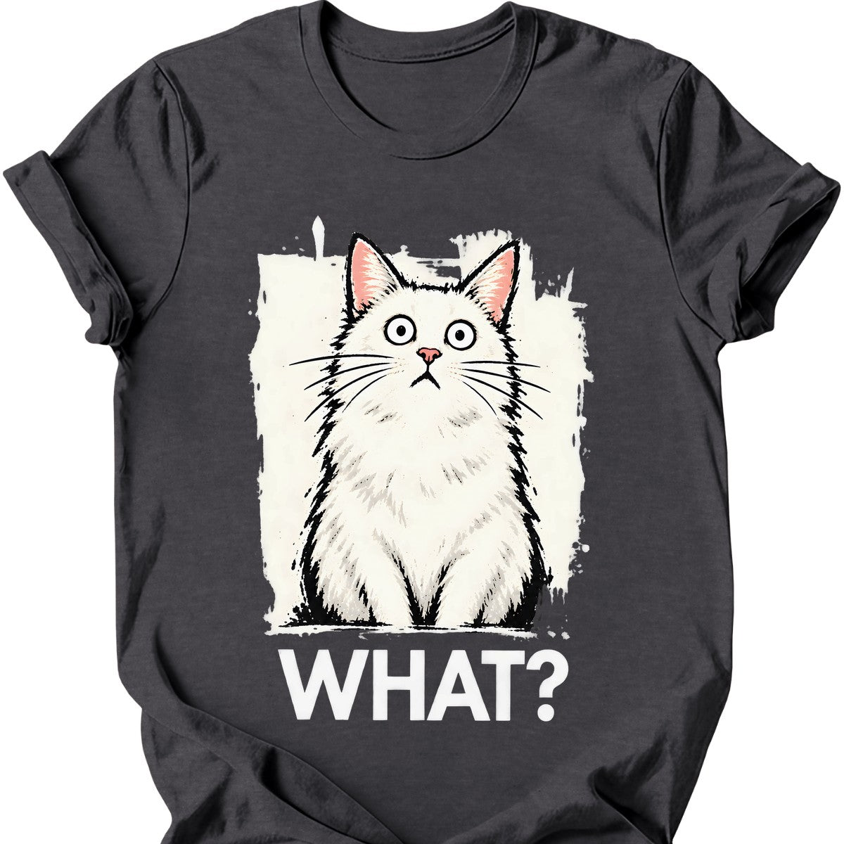 What? — White Cat T-Shirt — Dark Heather