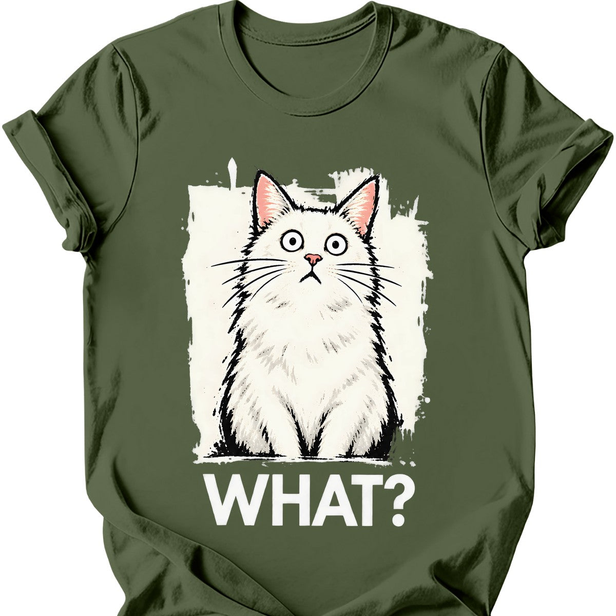 What? — White Cat T-Shirt — Military Green