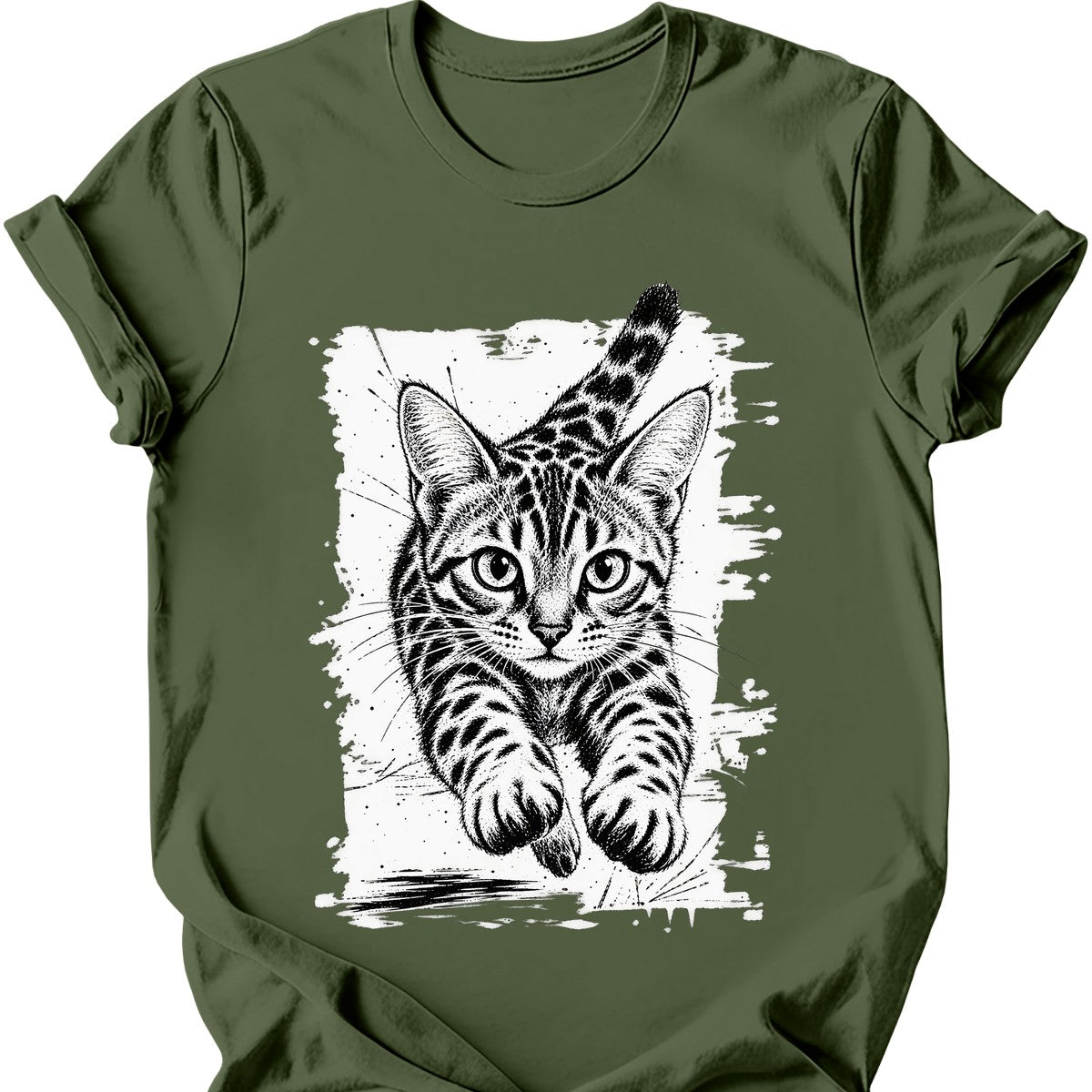 Running Cat — Bengal Cat T-Shirt — Military Green