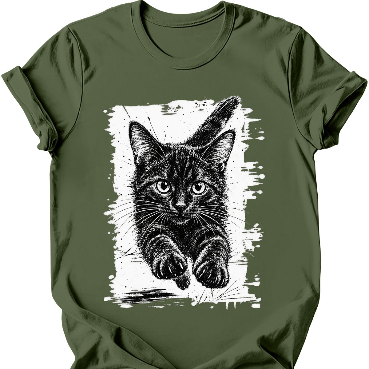 Running Cat — Black Cat T-Shirt — Military Green