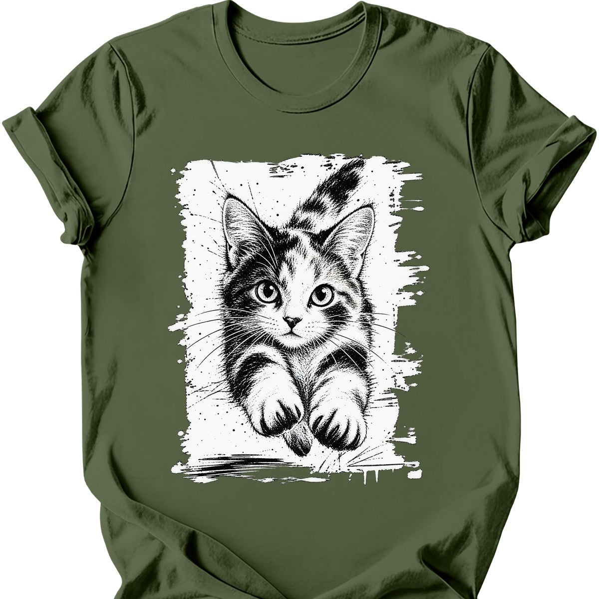 Running Cat — Calico Cat T-Shirt — Military Green