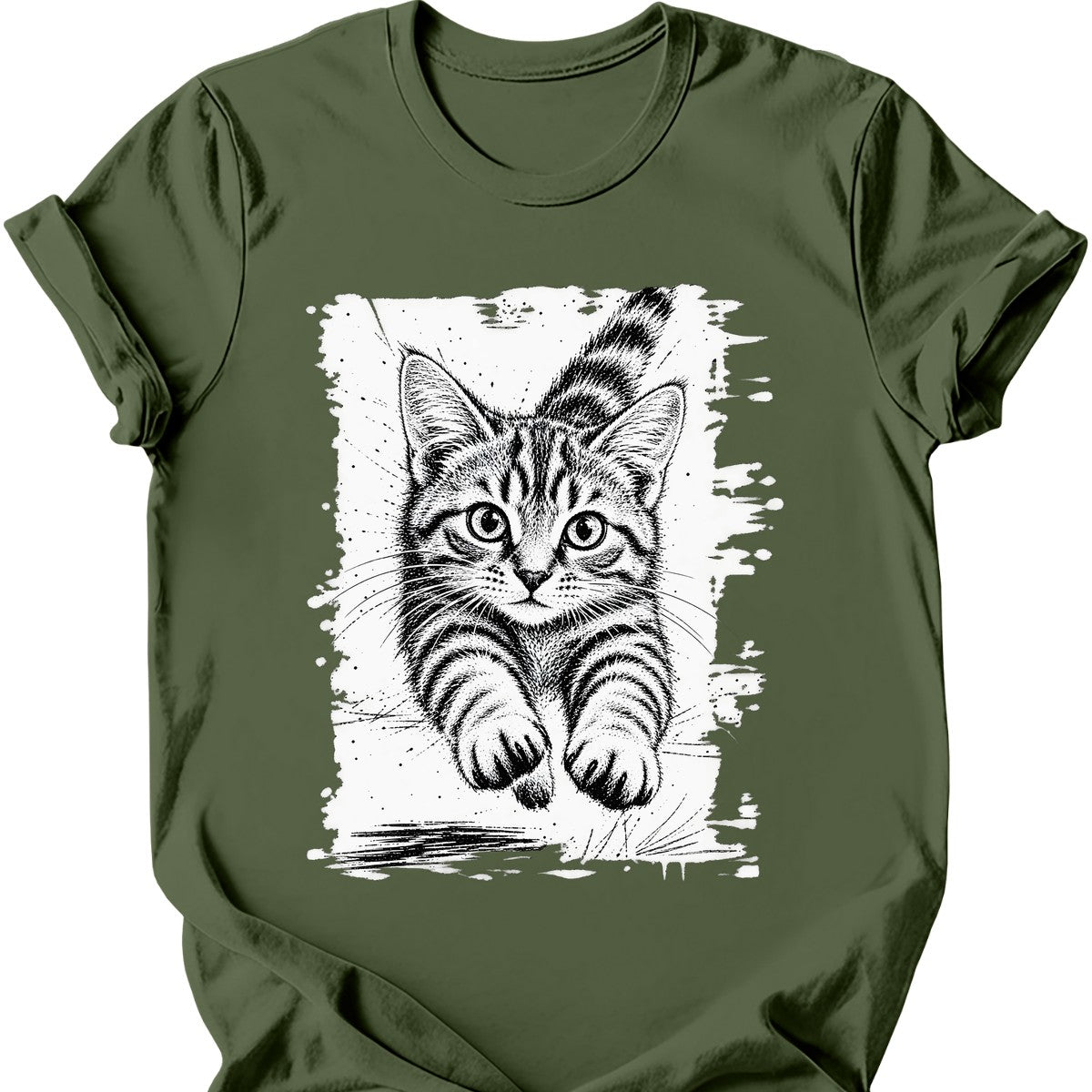 Running Cat — Ginger Tabby T-Shirt — Military Green