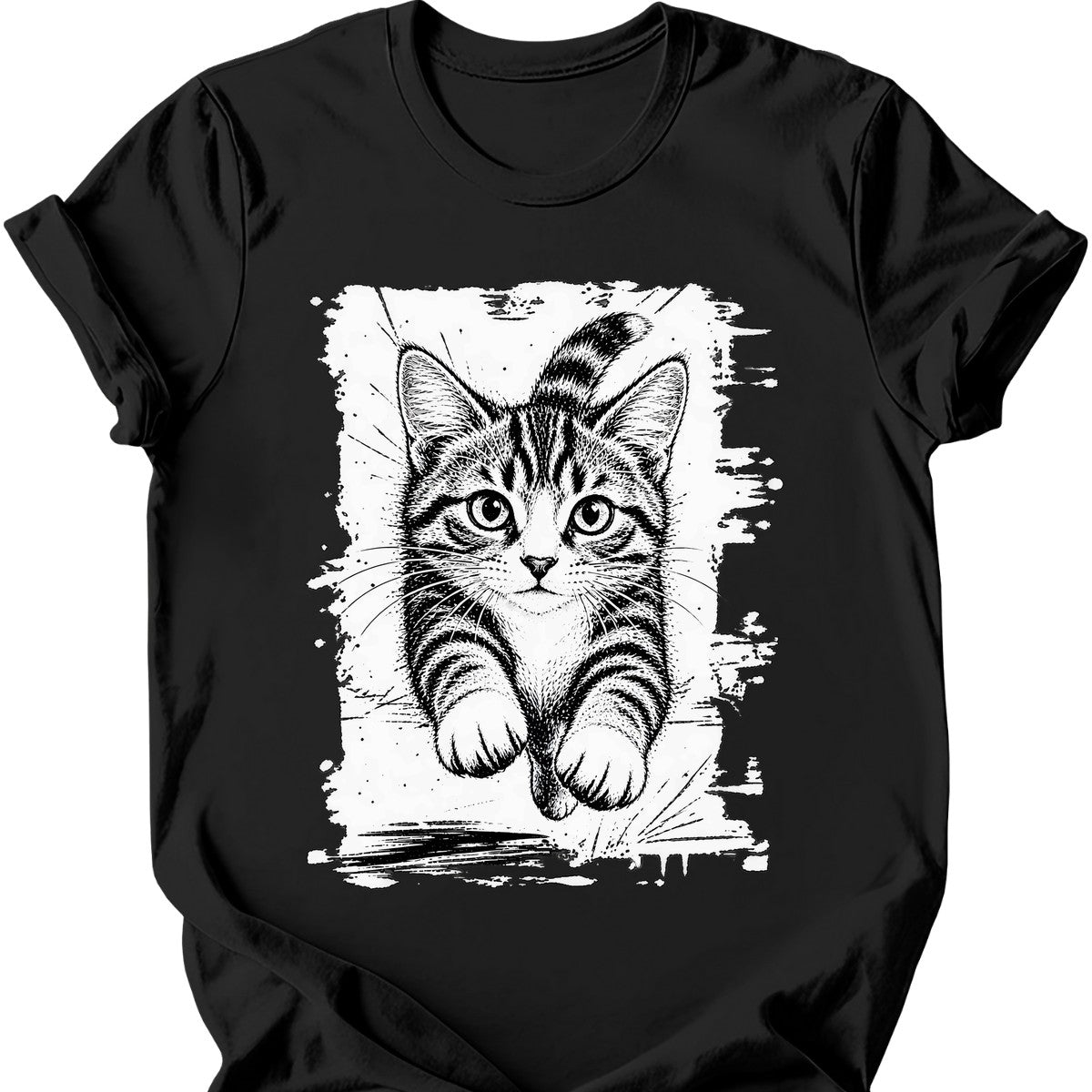 Running Cat — Grey and White Tabby T-Shirt — Black