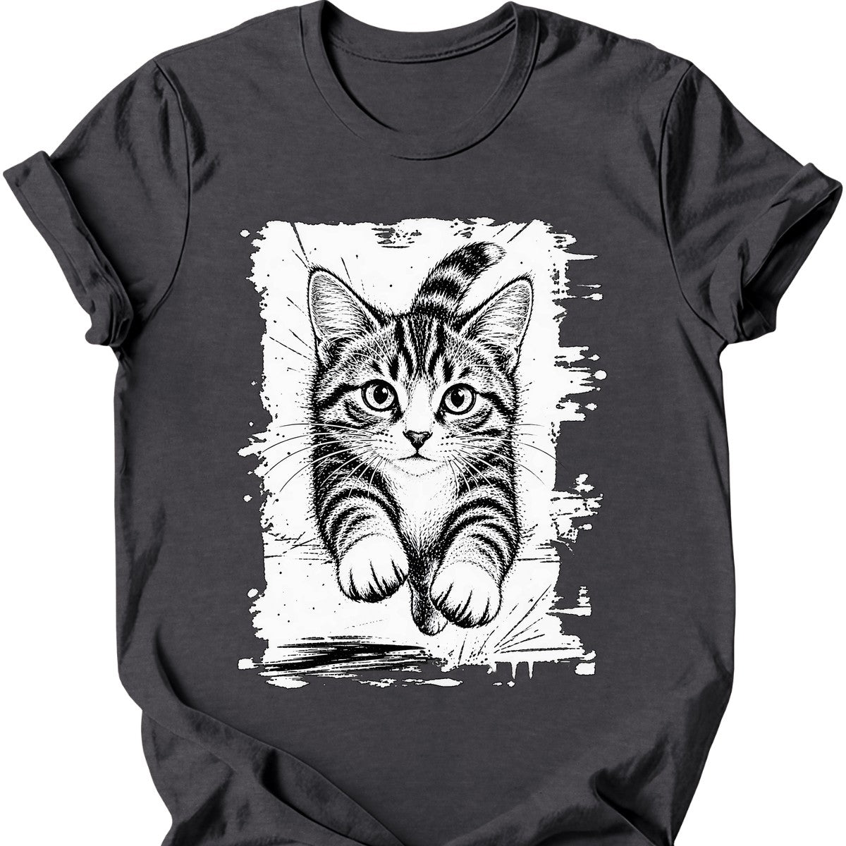 Running Cat — Grey and White Tabby T-Shirt — Dark Heather