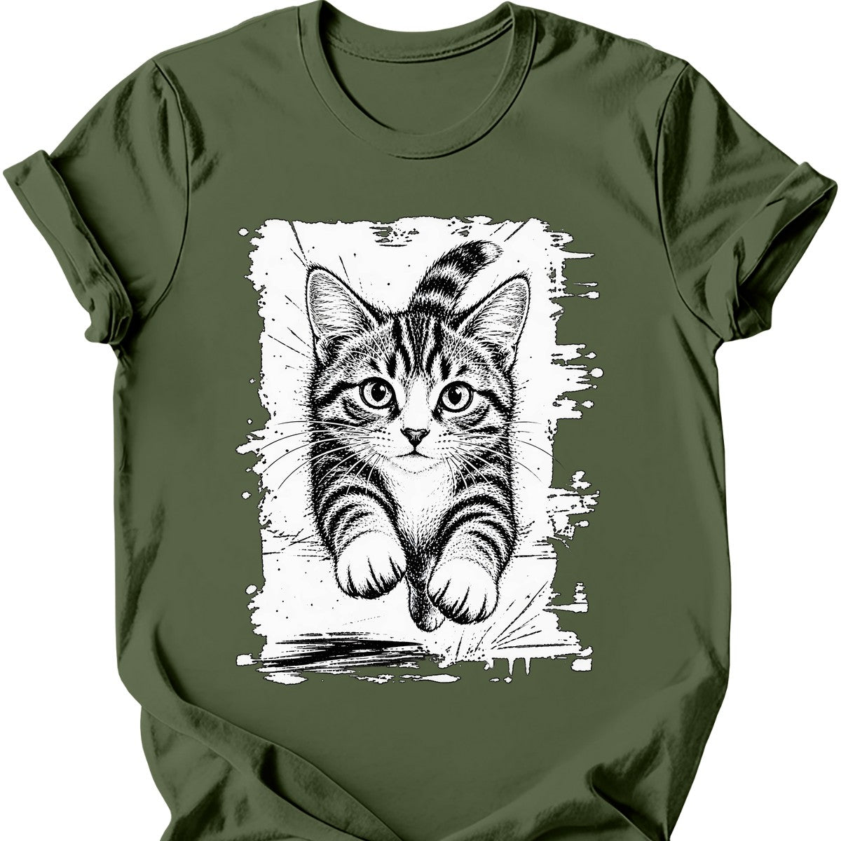 Running Cat — Grey and White Tabby T-Shirt — Military Green