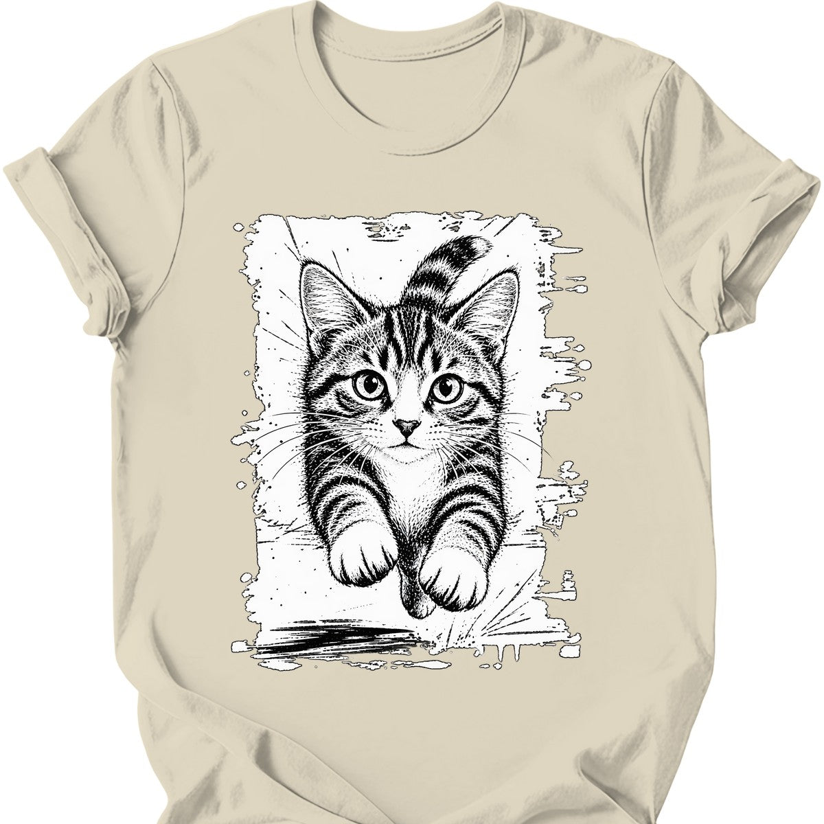 Running Cat — Grey and White Tabby T-Shirt — Natural