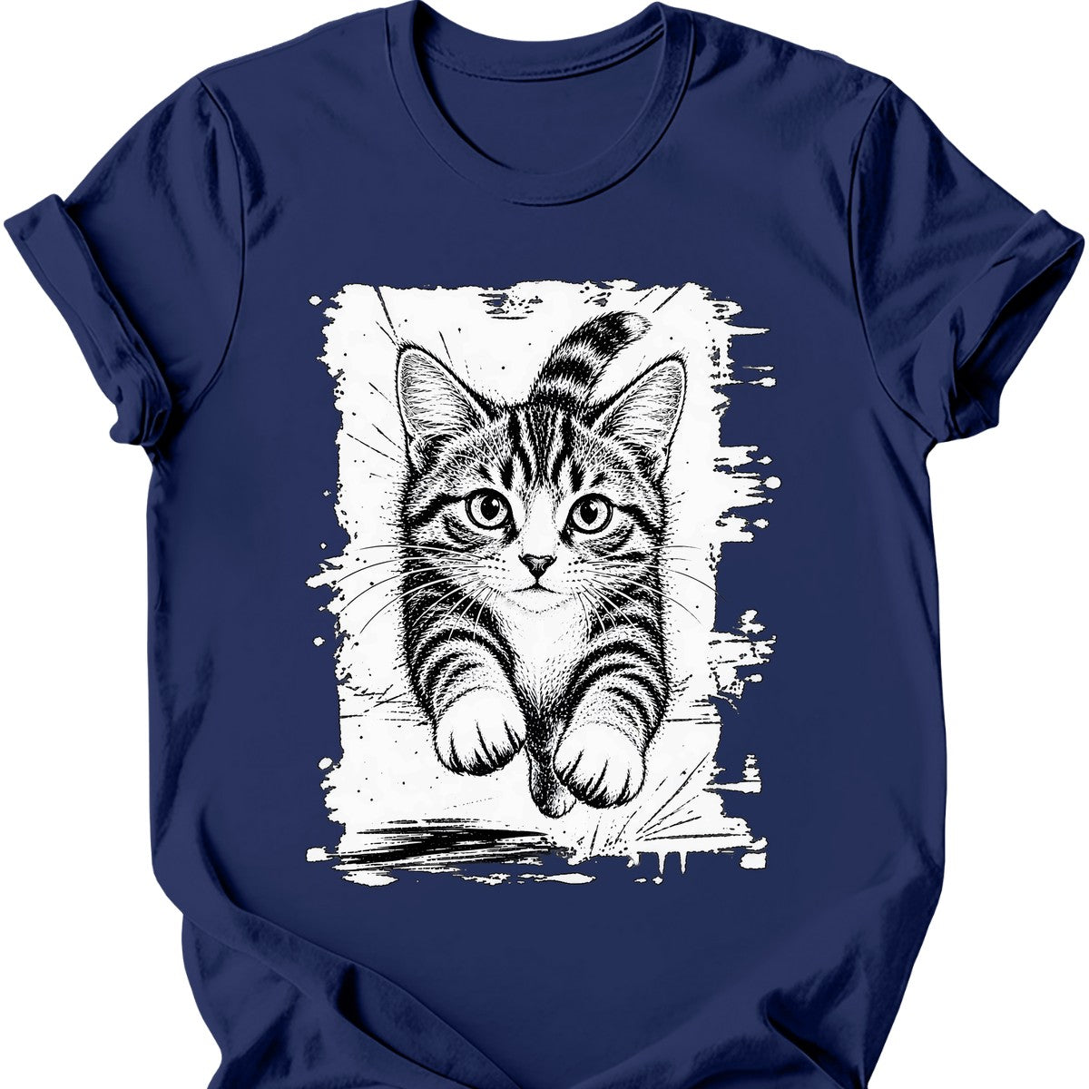 Running Cat — Grey and White Tabby T-Shirt — Navy