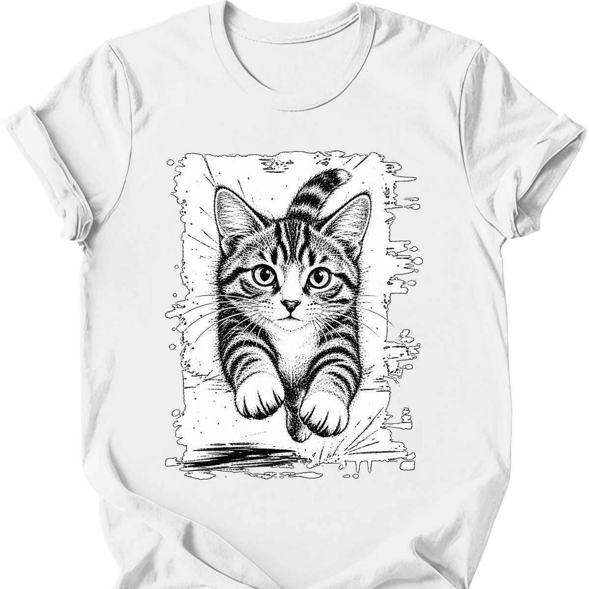 Running Cat — Grey and White Tabby T-Shirt — White