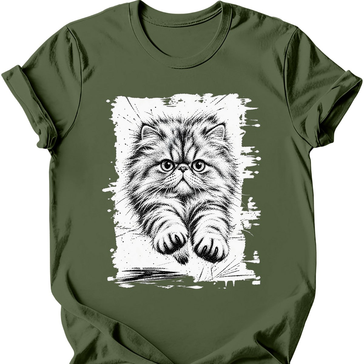 Running Cat — Persian Cat T-Shirt — Military Green