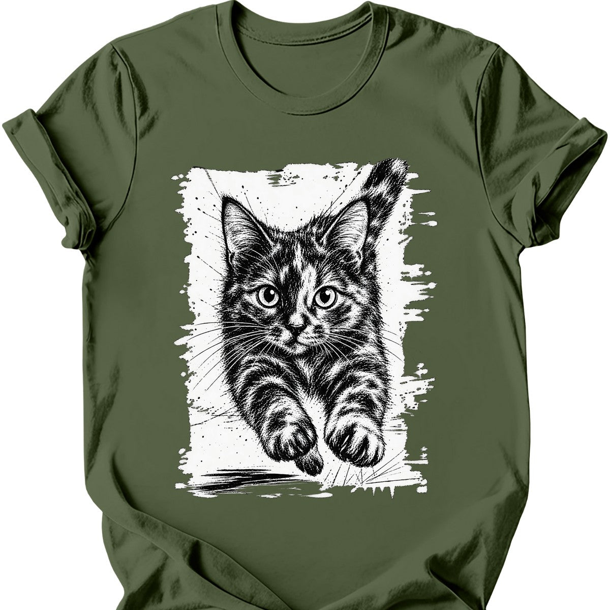 Running Cat — Tortoiseshell Cat T-Shirt — Military Green