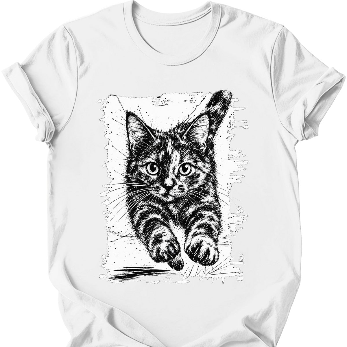 Running Cat — Tortoiseshell Cat T-Shirt — White
