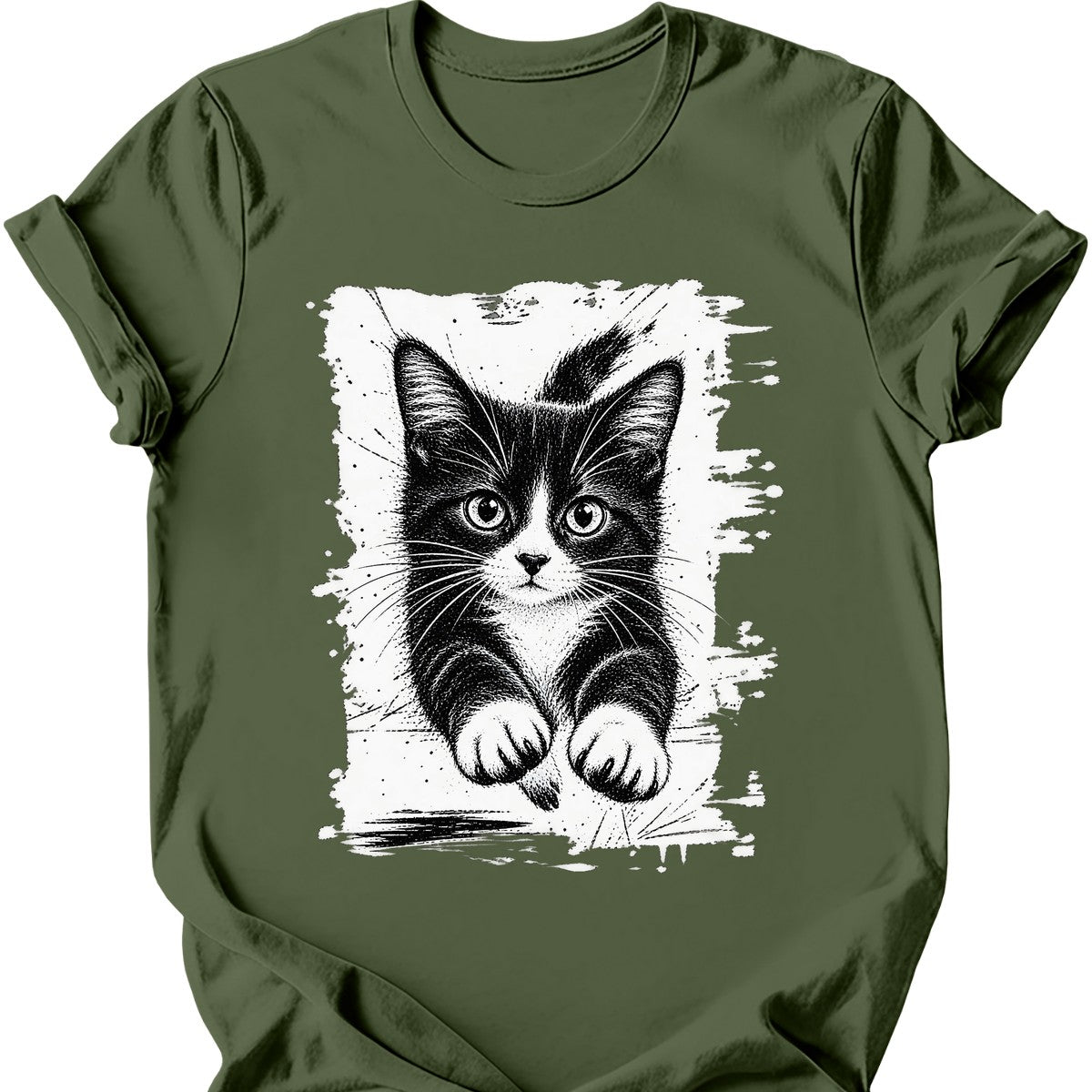 Running Cat — Tuxedo Cat T-Shirt — Military Green