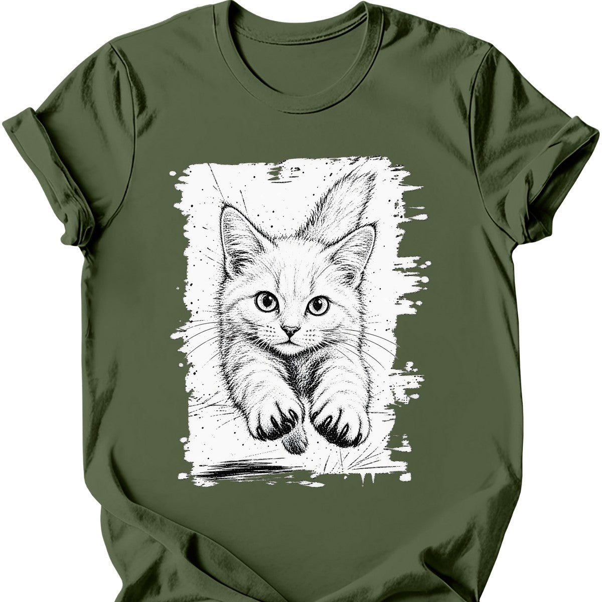 Running Cat — White Cat T-Shirt — Military Green