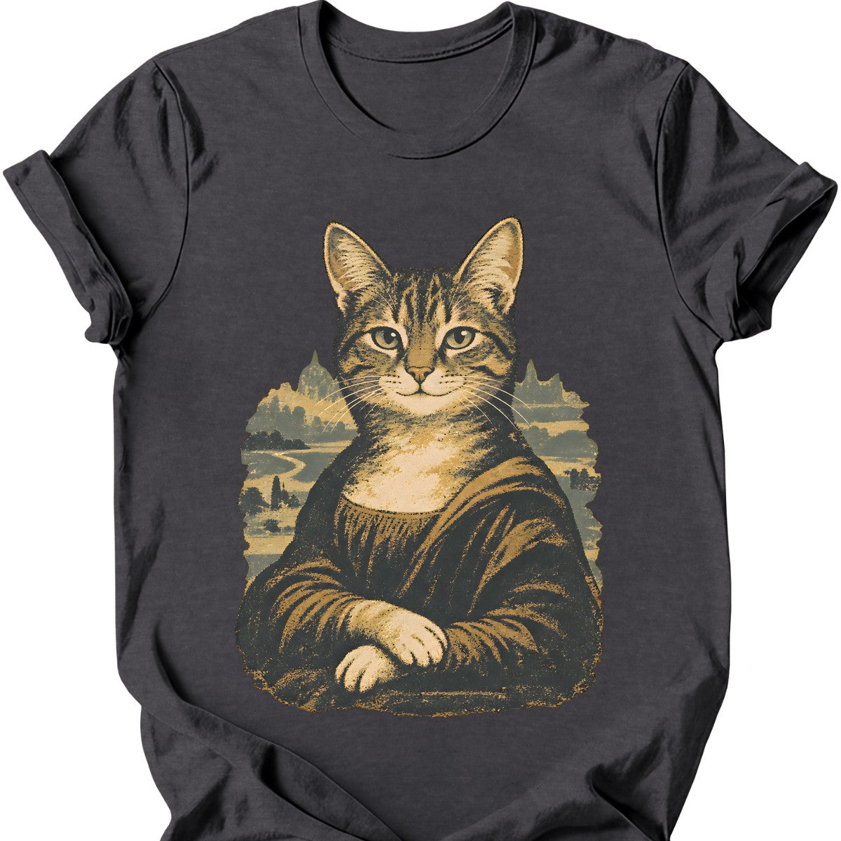Mona Lisa Cat T-Shirt — Dark Heather