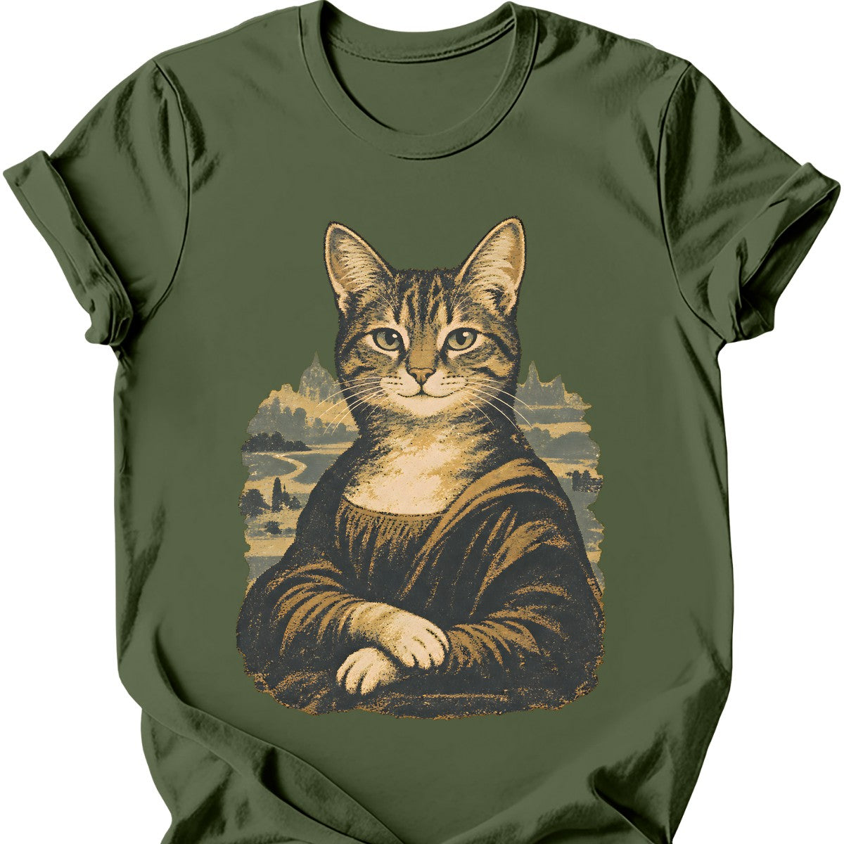 Mona Lisa Cat T-Shirt — Military Green