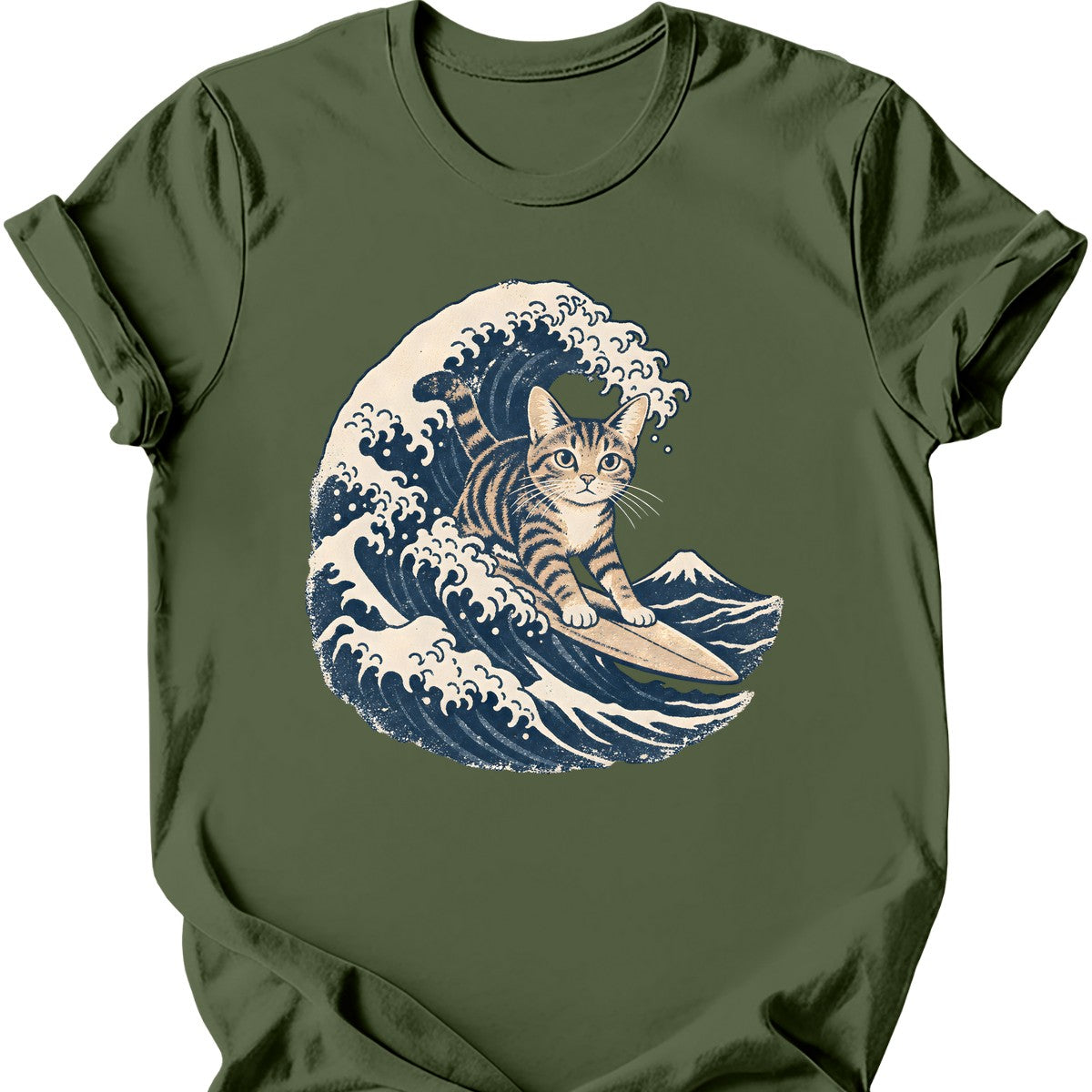 Great Wave Cat T-Shirt — Military Green
