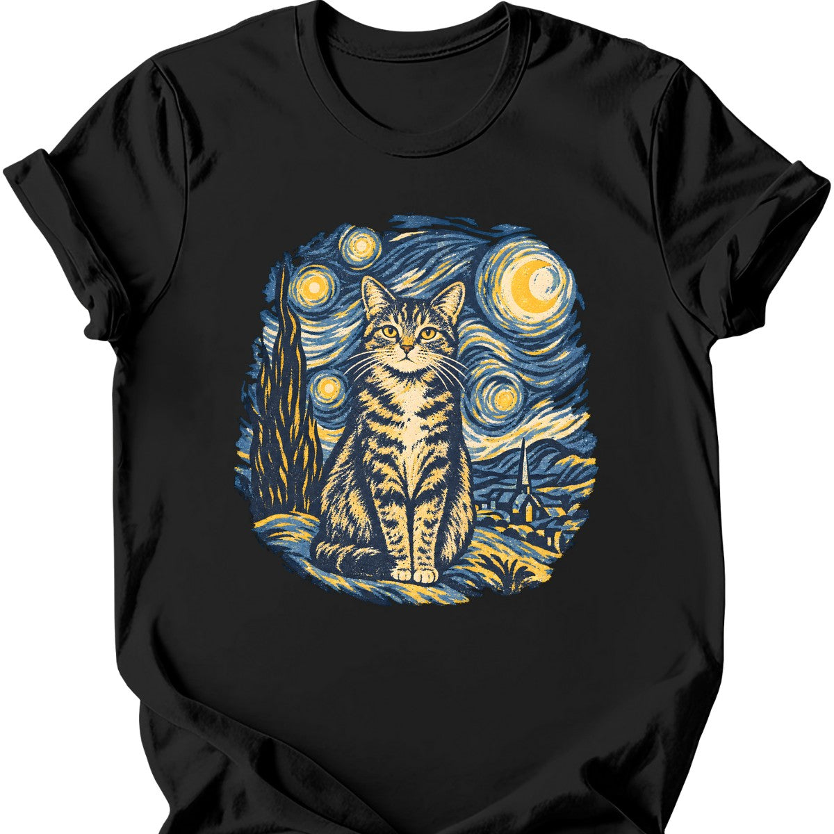 Starry Night Cat T-Shirt — Black