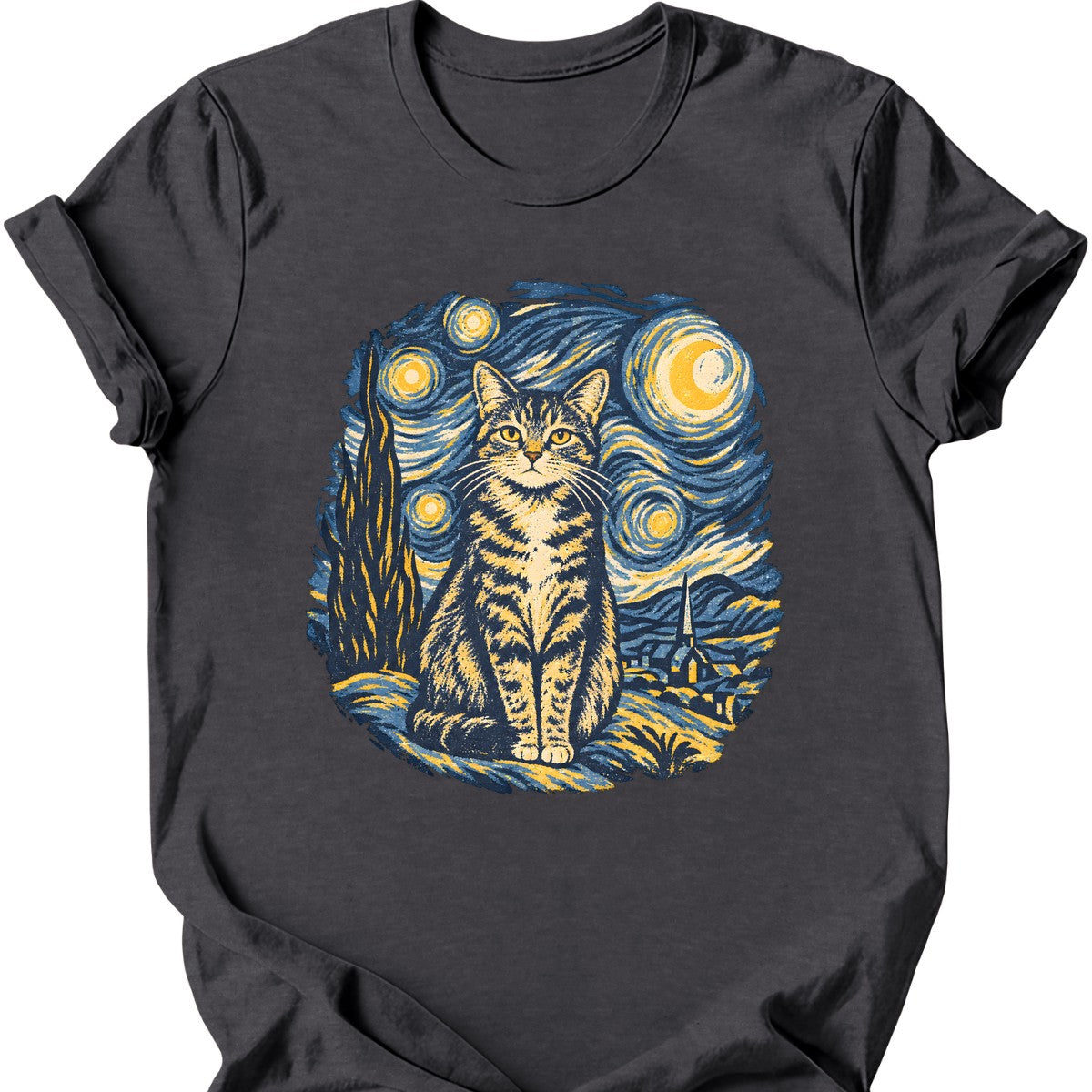 Starry Night Cat T-Shirt — Dark Heather