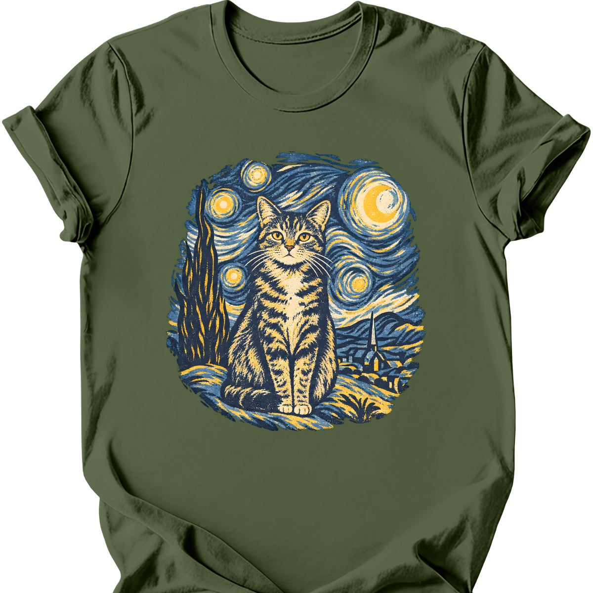Starry Night Cat T-Shirt — Military Green