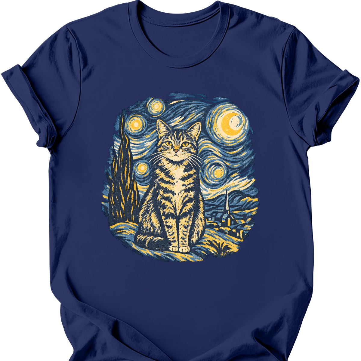 Starry Night Cat T-Shirt — Navy