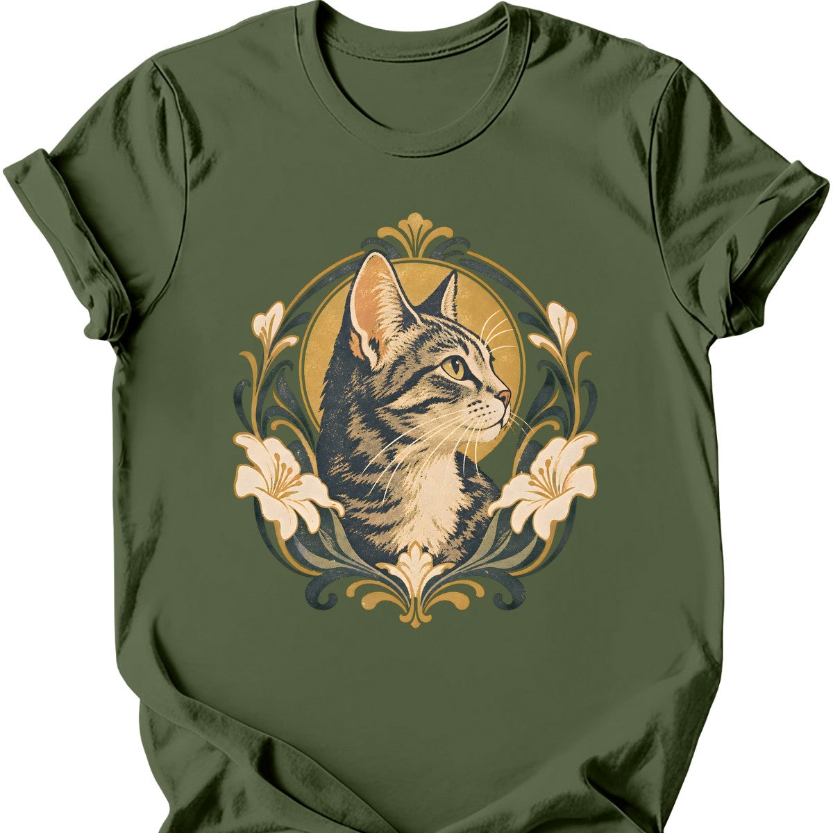 Art Nouveau Cat T-Shirt — Military Green