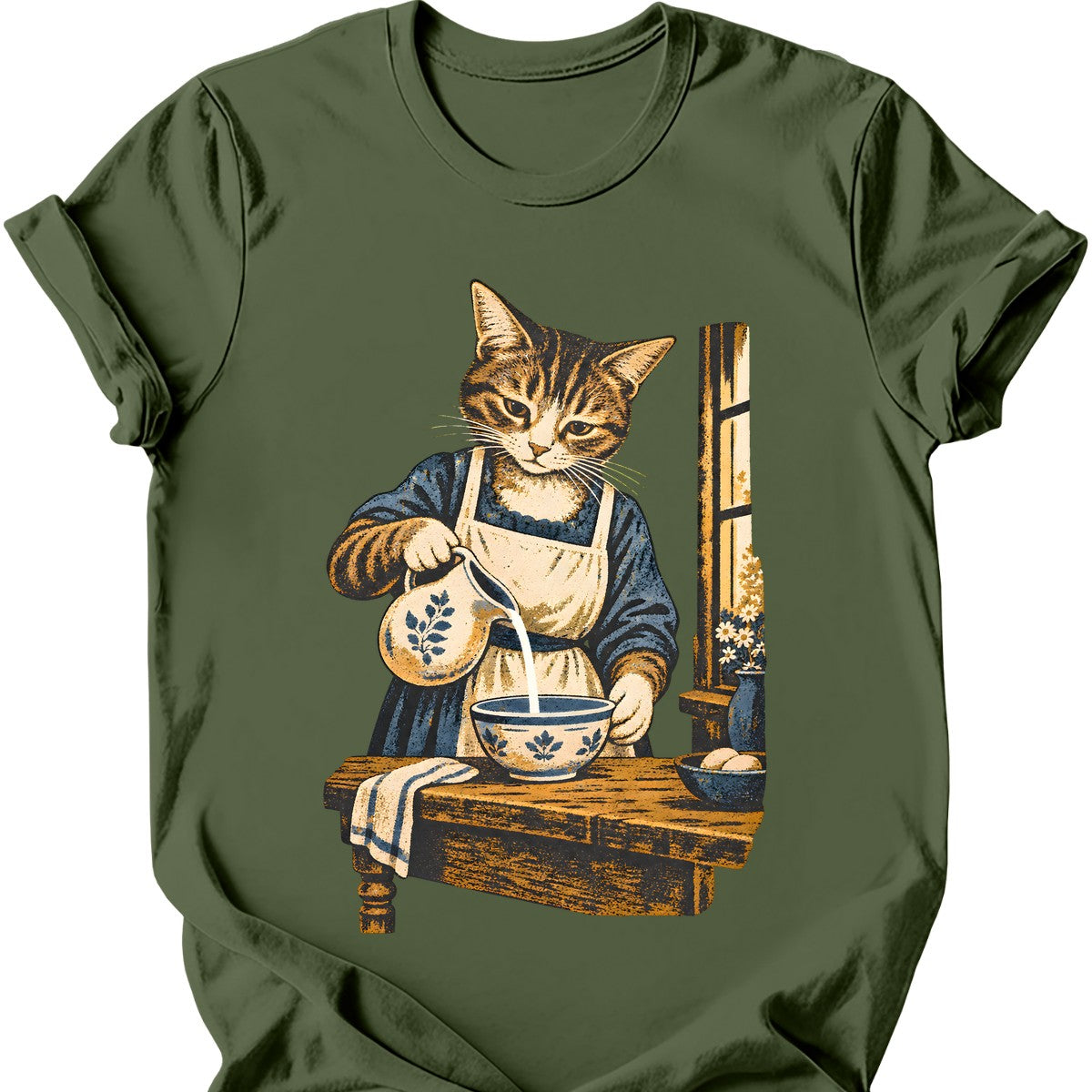 Milkmaid Cat T-Shirt — Military Green