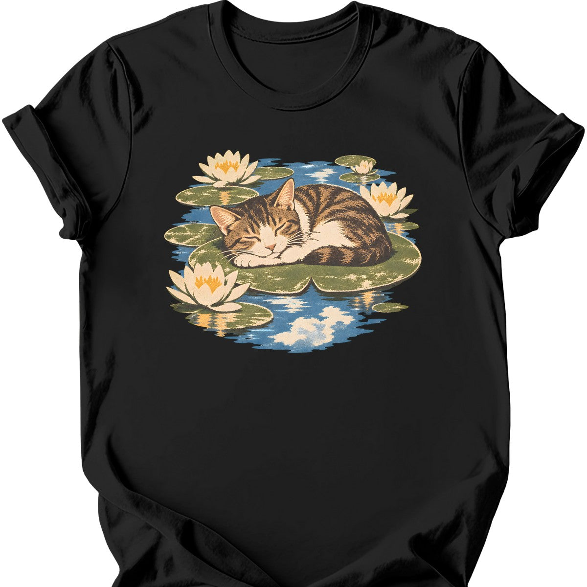 Water Lilies Cat T-Shirt — Black