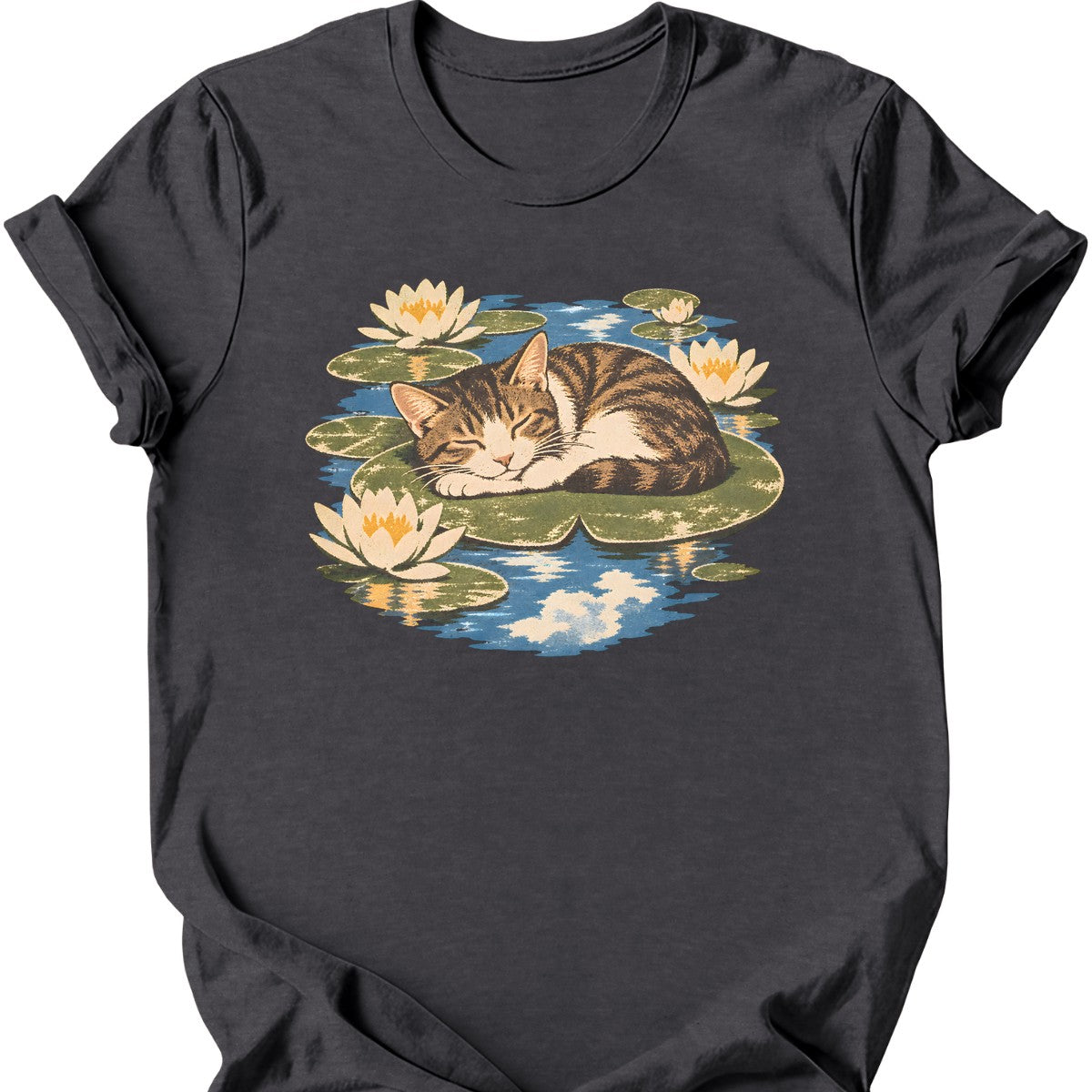 Water Lilies Cat T-Shirt — Dark Heather