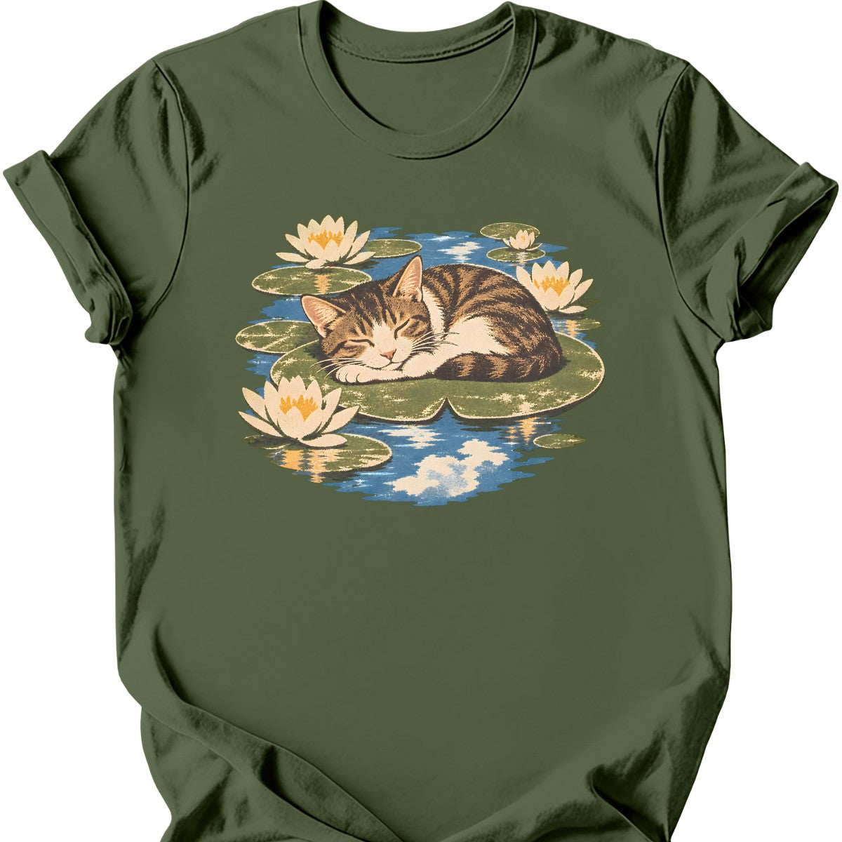 Water Lilies Cat T-Shirt — Military Green