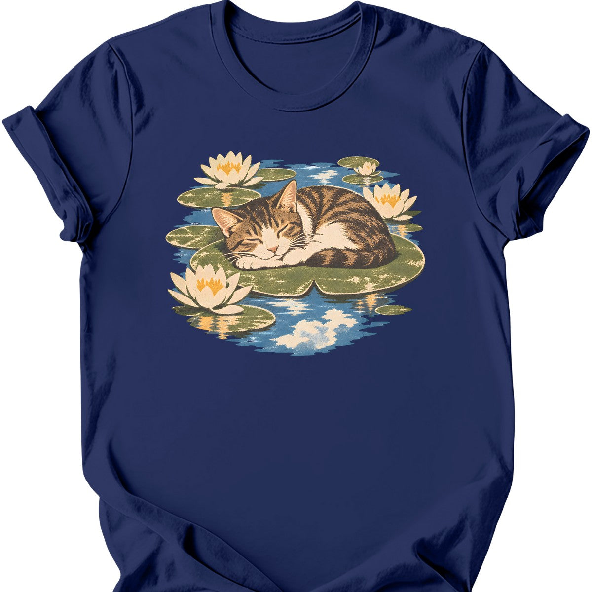 Water Lilies Cat T-Shirt — Navy
