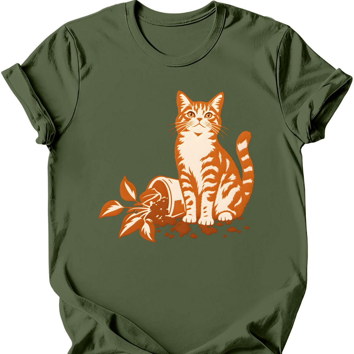 Orange Cat Chaos T-Shirt — Military Green
