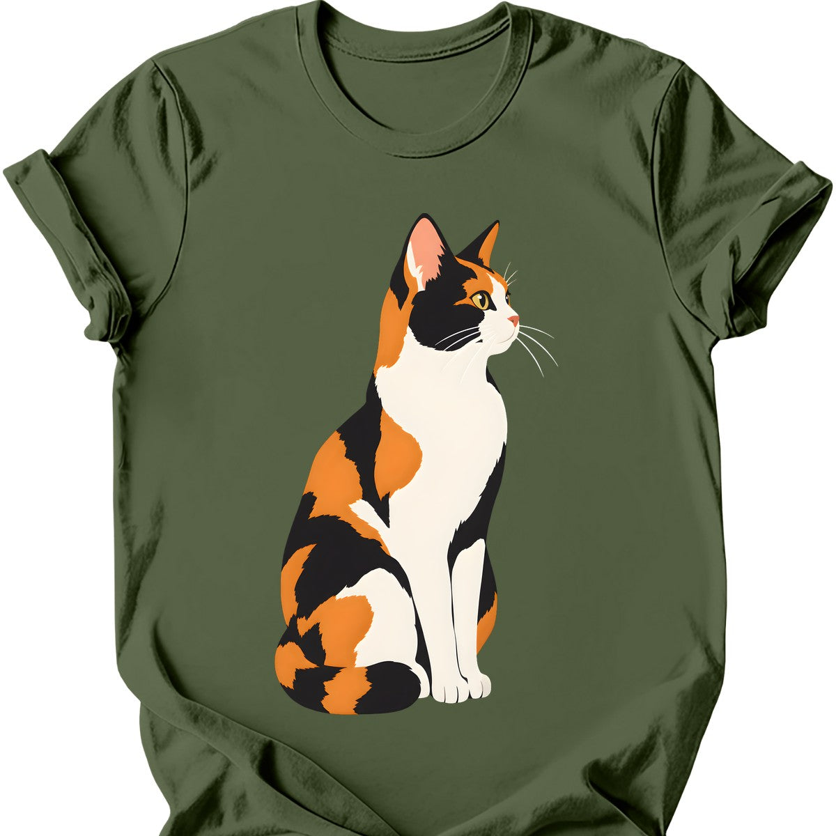 Calico Cat Portrait T-Shirt — Military Green